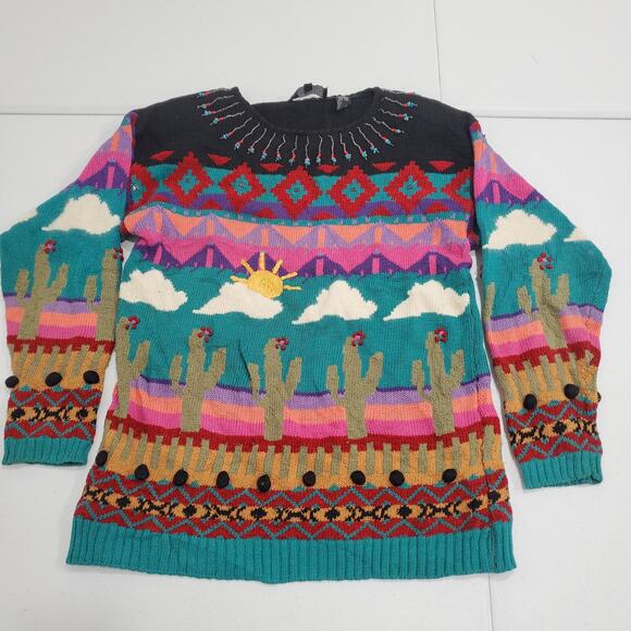 Carole Little Sweaters - Vintage Carole Little Sweater Womens Small Multicolor Cactus Western Beaded Knit